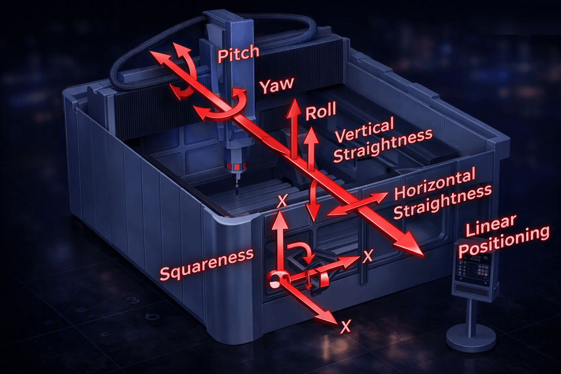 Diagrama de erros geométricos de uma máquina CNC: pitch, yaw, roll, retitude horizontal e vertical, esquadro e posicionamento linear